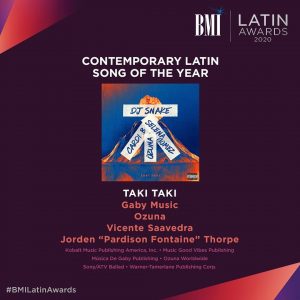 19 Мая Taki Taki выиграла Современную Латанскую Песню 2020 года в BMI Latin Awards