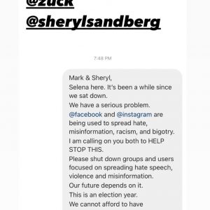 19 Сентября Селена отправила сообщение главе Фейсбука с просьбой начать борьбу с насилием и дезинформацией в соцсетях