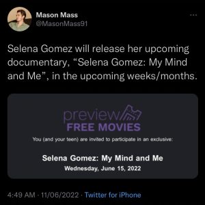 11 Июня: новые слухи о документальном фильме Селены «Selena Gomez: My Mind and Me»