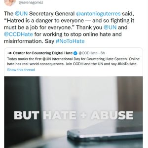 18 Июня: Селена на Твиттере: Спасибо вам @UN и @CCDHate за вашу работу в борьбе с цифровой ненавистью